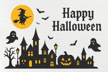 Happy Halloween greeting card with haunted castle, witch, bats, ghosts and pumpkin on flat white paper background