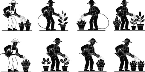 Gardener watering plants illustration, farmer with watering can and hose, plant care vector, eco farming concept, agriculture worker silhouette, garden tools design