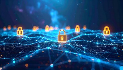 Encrypted Digital Network Background with Connected Nodes and Glowing Padlock Icon