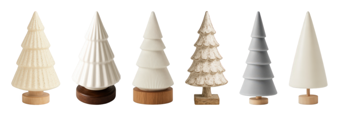 Decorative Christmas tree set including ribbed, conical, tiered, and speckled designs isolated. Neutral holiday home decor.