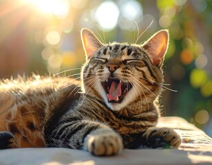 Happy tabby cat yawning outdoors