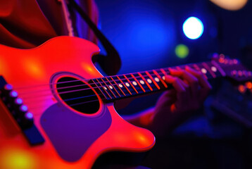 Naklejka premium Guitar artist close-up vibrant glowing colors music portrait.