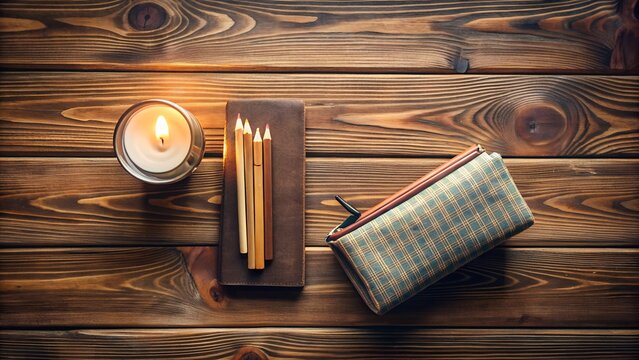 A cozy scene with a lit candle, a leatherbound notebook, pencils, and a patterned pencil case arranged on a warm, rustic wooden table, perfect for study or journaling