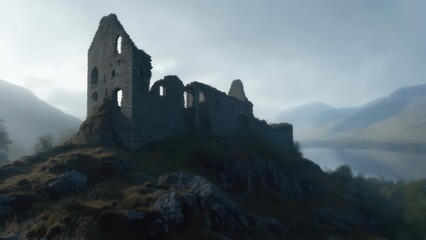 Obraz premium Ruined castle on a misty hillside