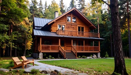 Fototapeta premium Rustic log cabin nestled in autumn forest