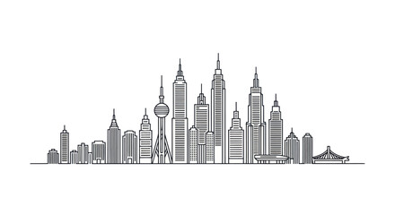 Fototapeta premium Modern City Skyline Outline Sketch with Tall Urban Buildings and Skyscrapers.