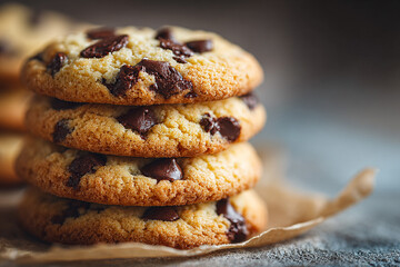 Stacked chocolate chip cookies on parchment paper, light and airy background