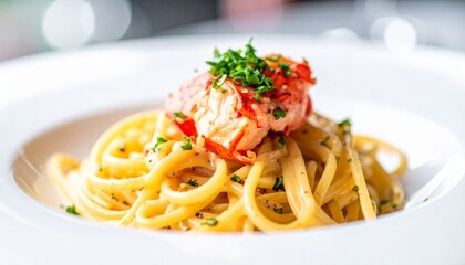 A close up cinematic view of a gourmet lobster meat pasta dish, plated elegantly with creamy sauce and fresh seafood details, captured with dramatic bokeh background for a luxurious fine dining food