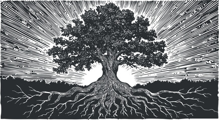 A striking black and white illustration of a tree with exposed roots and radiating light.