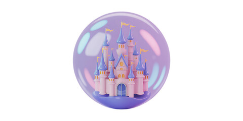 Whimsical pastel castle enclosed in a shimmering bubble, evoking dreams and fantasy adventures.