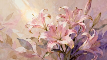 Obraz premium Beautiful digital artwork of blooming pink lilies with delicate golden accents on the petals
