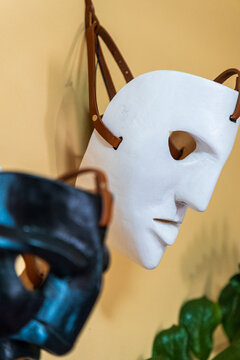 Traditional Sardinian masks worn by the Mamuthones in a typical Sardinian house.