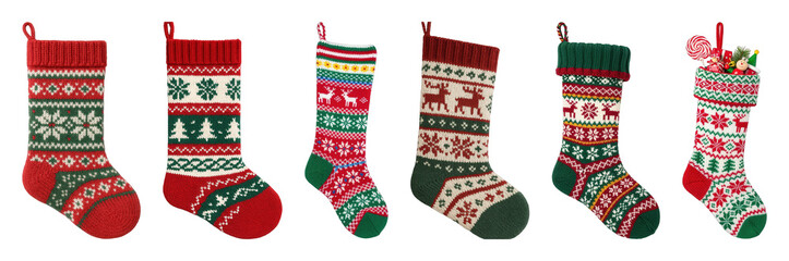 Knitted Christmas stocking set including traditional fair isle patterns and one filled with gifts isolated. Festive holiday decor.