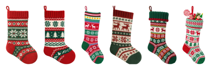 Knitted Christmas stocking set including traditional fair isle patterns and one filled with gifts isolated. Festive holiday decor.