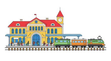 Colorful Cartoon Illustration of a Train Station with Train. © Ika
