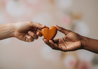 A wooden heart is passed from one hand to another, symbolizing love, connection, and sharing across diversity