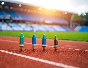 Colorful pencils on a running track