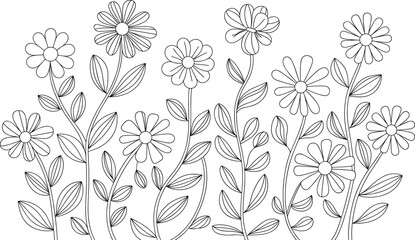 Hand drawn black and white daisy flowers line art illustration pattern perfect for coloring books, digital design projects
