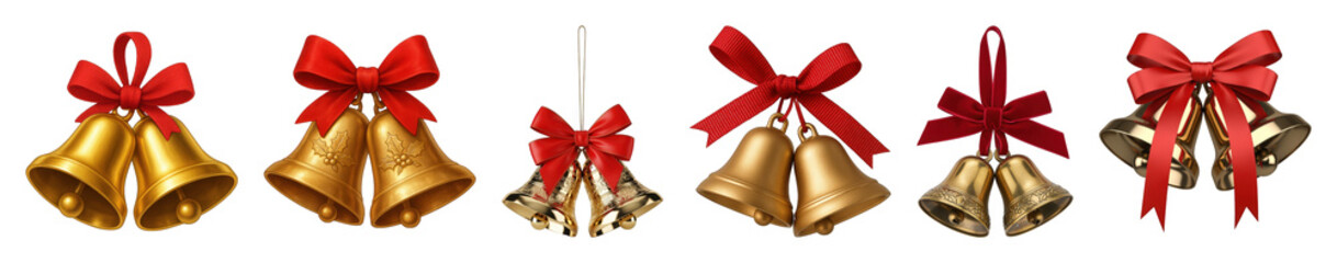 Golden Christmas bells set including multiple pairs with red bows and diverse designs isolated. Festive holiday decoration.