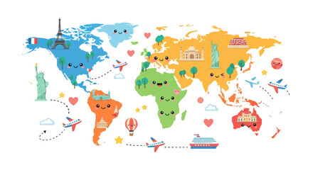 Whimsical Cartoon World Map with Happy Continents and Travel Icons. © Ika