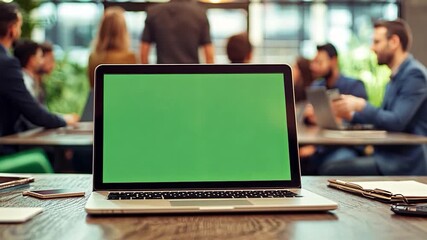 Team of Industrial Engineers Have Important Meeting. Presentation laptop Display Shows Mock-up Green Screen. In the Background Factory is Seen. - Powered by Adobe