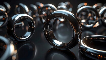 Metallic 3D Abstract Rings and Tubes in Motion with Reflective Surface on Dark Background