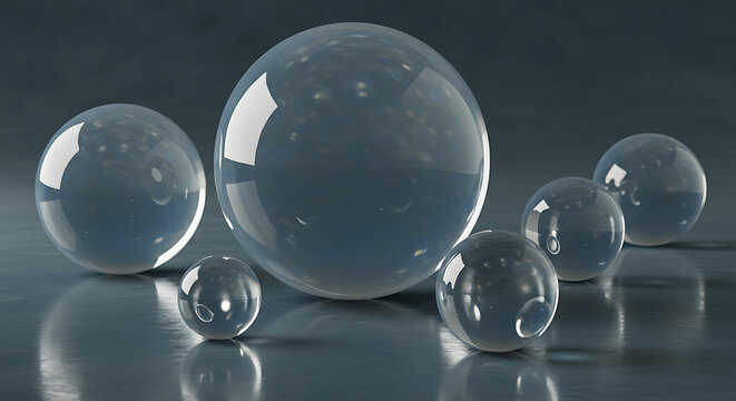 A collection of crystal clear glass spheres of various sizes reflecting light on a glossy surface, creating an abstract and minimalist composition