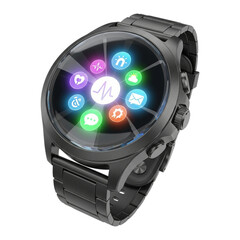 Sleek Gunmetal Smartwatch with Illuminated App Interface: Modern Technology Stock Photo