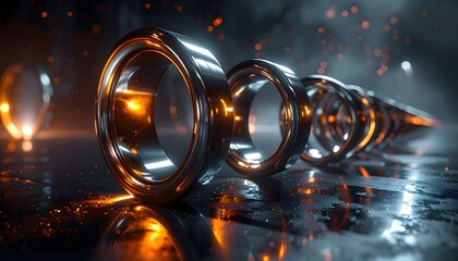 Metallic 3D Abstract Rings and Tubes in Motion with Reflective Surface on Dark Background