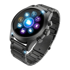Sleek Dark Gray Smartwatch with Illuminated App Icons, Modern Technology, Futuristic Design.