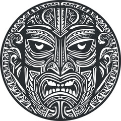 Intricate tribal mask design featuring detailed patterns and expressive facial features.