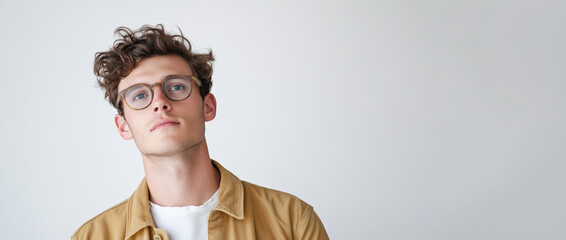 Stylish Young Man with Glasses and Curly Hair in Minimalist Setting