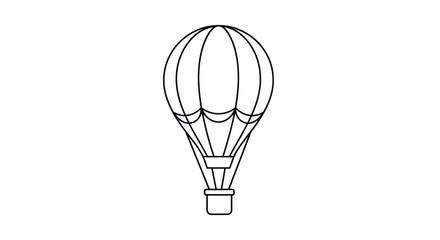 Simple black and white line art illustration of a classic hot air balloon with a basket. © Ika