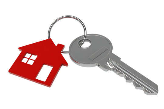 A single house key with a red house keychain on a grey background, isolated on transparent background, png

