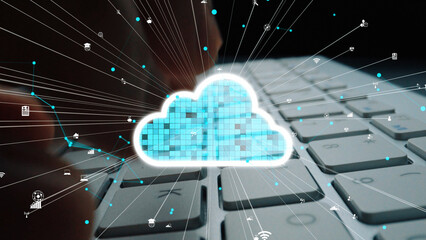 A visually striking representation of cloud computing with a keyboard, illustrating digital data streams and connectivity in today technology-driven society. Xenic