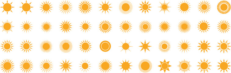 Collection of yellow orange sun icons with rays in different styles for weather, summer design projects, vector illustrations