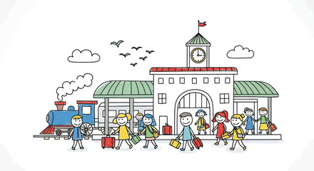Cartoon doodle of a busy train station with passengers and a steam locomotive. © Ika