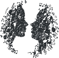 Two silhouettes filled with musical notes representing creativity and harmony in art.