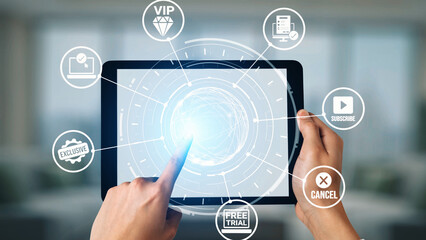 Concept of subscription services provides exclusive digital content. This model offers continuous...