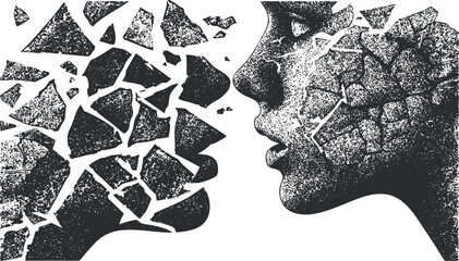 An abstract illustration of two fragmented faces symbolizing connection and emotion.