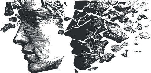 An abstract illustration of a human head depicting fragmentation and disintegration of thoughts.