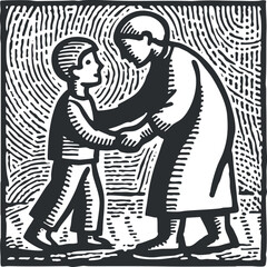 A stylized illustration of two figures engaging in a warm handshake symbolizing connection and support.