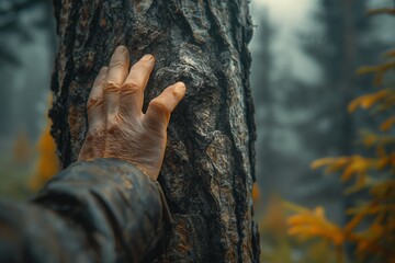 hand touching rugged tree bark in misty forest under autumn hues, shallow focus, contemplative calm, tactile texture, concept of wellness mindfulness eco tourism