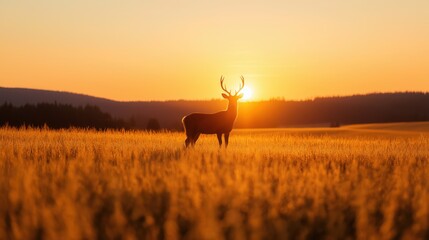 majestic deer standing in golden field at glowing sunset, serene countryside horizon, warm light, peaceful wildlife moment, wide copyspace, concept of conservation travel outdoors