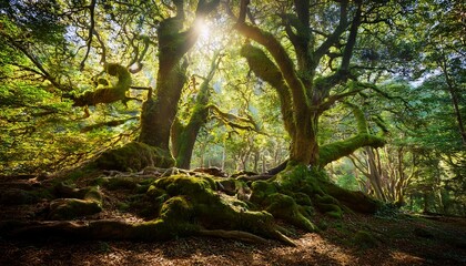 Fototapeta premium Ancient Tree Lush Forest With Dappled Light