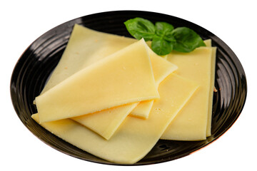 Gouda cheese slices hard cheese variety natural product tasty snack fresh delicious gourmet food background on the table rustic top view copy space
