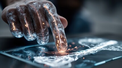光るデジタルインターフェースに触れるワイヤーフレーム状の手 | Wireframe hand touching a glowing digital interface