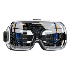 Transparent VR Headset: Futuristic Design, Circuit Board Detail, Sleek Chrome Accents, Technology Concept.