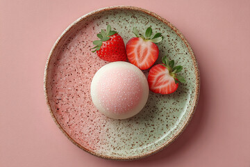 Strawberry daifuku on a ceramic plate, soft pastel tones and overhead view, food photography