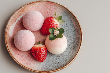 Strawberry daifuku on a ceramic plate, soft pastel tones and overhead view, food photography